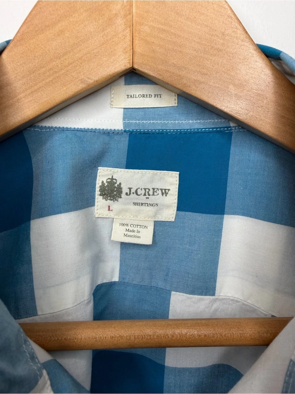 Vintage J. Crew Men’s Blue and White Buffalo Check Button-Down Shirt, size L